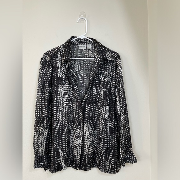 Chico's Tops - Chico's Black White Silk Lightweight Burnout Art-to-Wear Shirt Тор Button Down 1